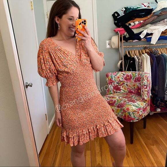 FAITHFULL THE BRAND Pink Yellow Dainty Floral Smocked V Neck Mini Dress M - Picture 6 of 14